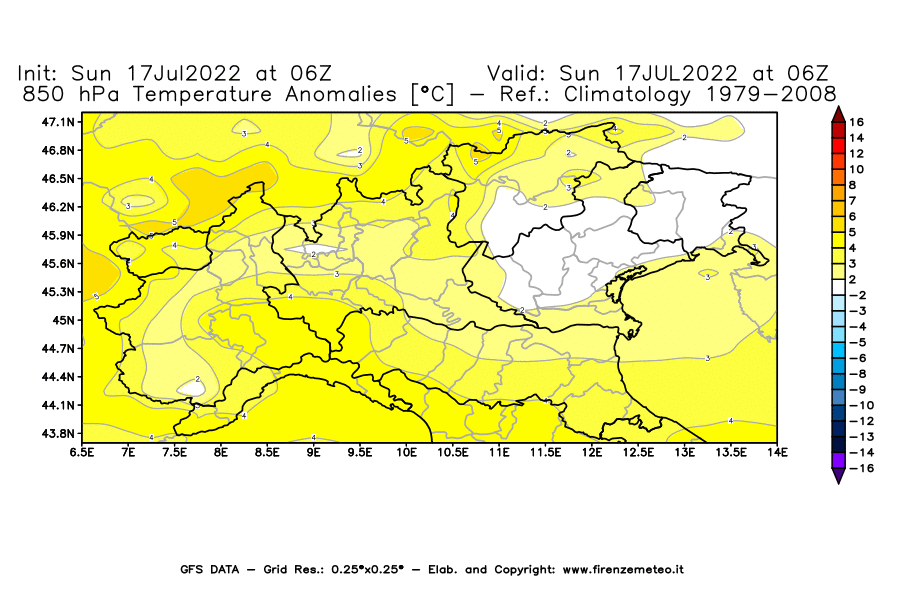 Mappa di analisi GFS - Anomalia Temperatura [°C] a 850 hPa in Nord-Italia
							del 17/07/2022 06 <!--googleoff: index-->UTC<!--googleon: index-->