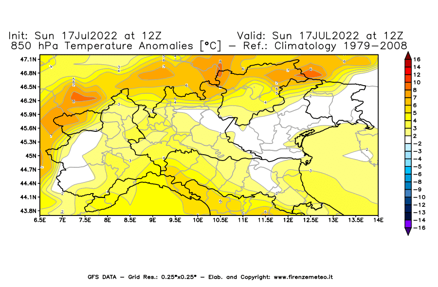 Mappa di analisi GFS - Anomalia Temperatura [°C] a 850 hPa in Nord-Italia
							del 17/07/2022 12 <!--googleoff: index-->UTC<!--googleon: index-->