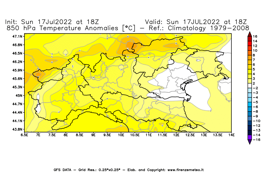 Mappa di analisi GFS - Anomalia Temperatura [°C] a 850 hPa in Nord-Italia
							del 17/07/2022 18 <!--googleoff: index-->UTC<!--googleon: index-->