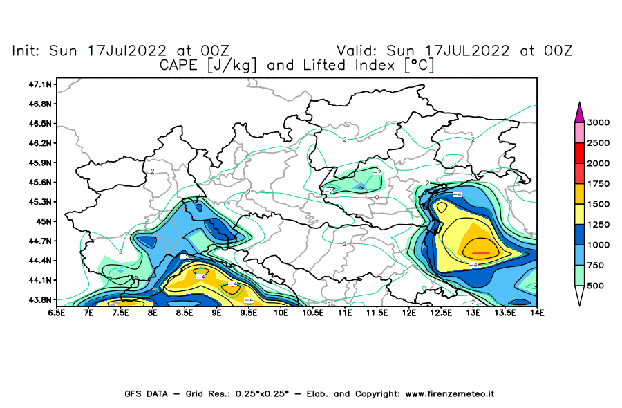 Mappa di analisi GFS - CAPE [J/kg] e Lifted Index [°C] in Nord-Italia
							del 17/07/2022 00 <!--googleoff: index-->UTC<!--googleon: index-->