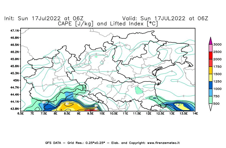 Mappa di analisi GFS - CAPE [J/kg] e Lifted Index [°C] in Nord-Italia
							del 17/07/2022 06 <!--googleoff: index-->UTC<!--googleon: index-->