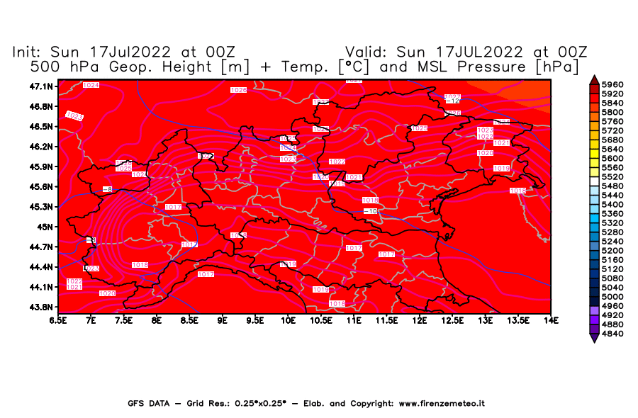 Mappa di analisi GFS - Geopotenziale [m] + Temp. [°C] a 500 hPa + Press. a livello del mare [hPa] in Nord-Italia
							del 17/07/2022 00 <!--googleoff: index-->UTC<!--googleon: index-->