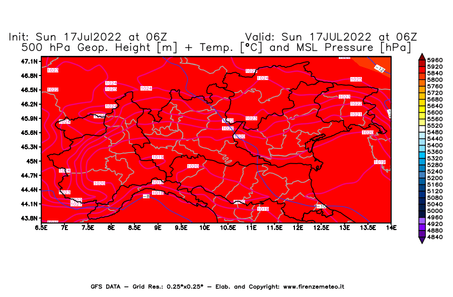 Mappa di analisi GFS - Geopotenziale [m] + Temp. [°C] a 500 hPa + Press. a livello del mare [hPa] in Nord-Italia
							del 17/07/2022 06 <!--googleoff: index-->UTC<!--googleon: index-->