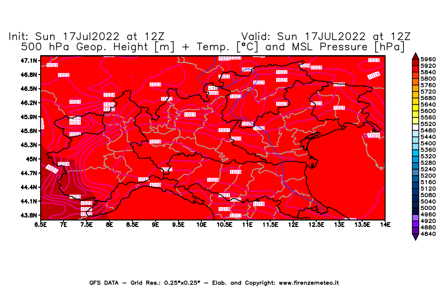 Mappa di analisi GFS - Geopotenziale [m] + Temp. [°C] a 500 hPa + Press. a livello del mare [hPa] in Nord-Italia
							del 17/07/2022 12 <!--googleoff: index-->UTC<!--googleon: index-->