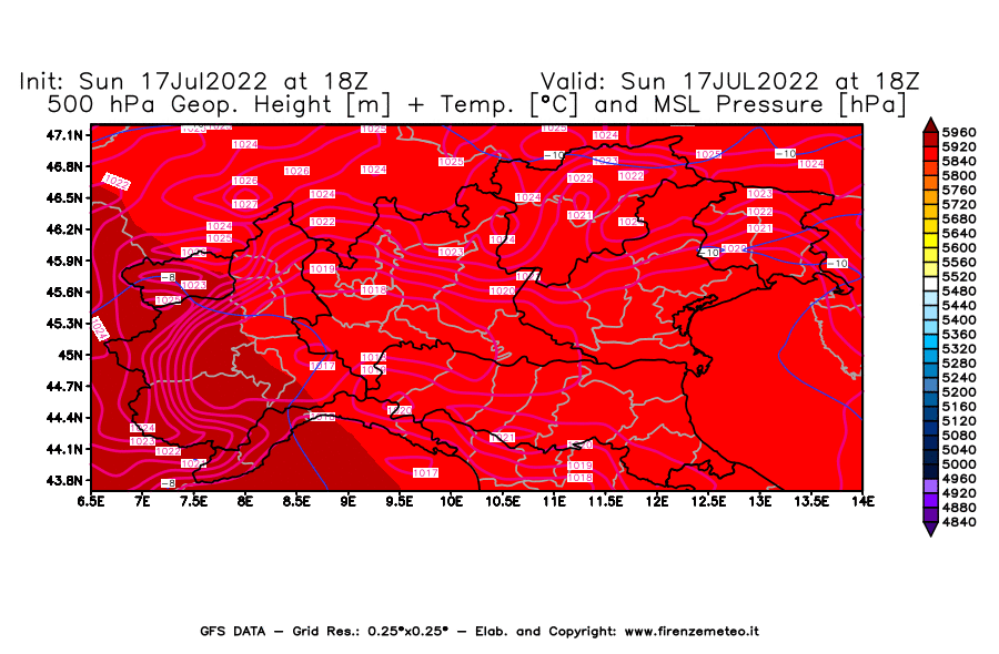 Mappa di analisi GFS - Geopotenziale [m] + Temp. [°C] a 500 hPa + Press. a livello del mare [hPa] in Nord-Italia
							del 17/07/2022 18 <!--googleoff: index-->UTC<!--googleon: index-->