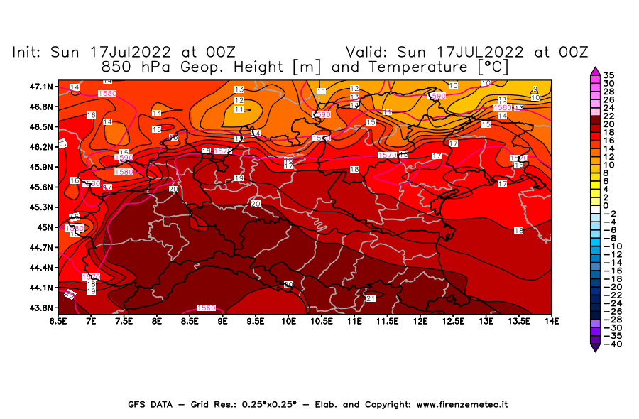 Mappa di analisi GFS - Geopotenziale [m] e Temperatura [°C] a 850 hPa in Nord-Italia
							del 17/07/2022 00 <!--googleoff: index-->UTC<!--googleon: index-->