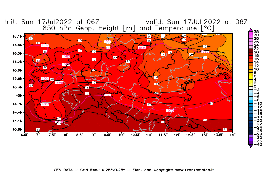 Mappa di analisi GFS - Geopotenziale [m] e Temperatura [°C] a 850 hPa in Nord-Italia
							del 17/07/2022 06 <!--googleoff: index-->UTC<!--googleon: index-->