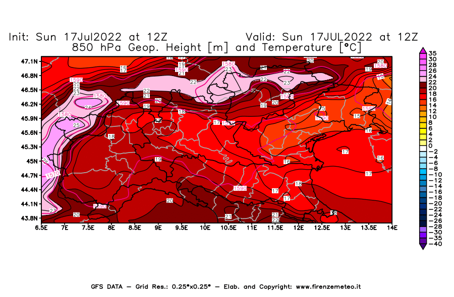 Mappa di analisi GFS - Geopotenziale [m] e Temperatura [°C] a 850 hPa in Nord-Italia
							del 17/07/2022 12 <!--googleoff: index-->UTC<!--googleon: index-->