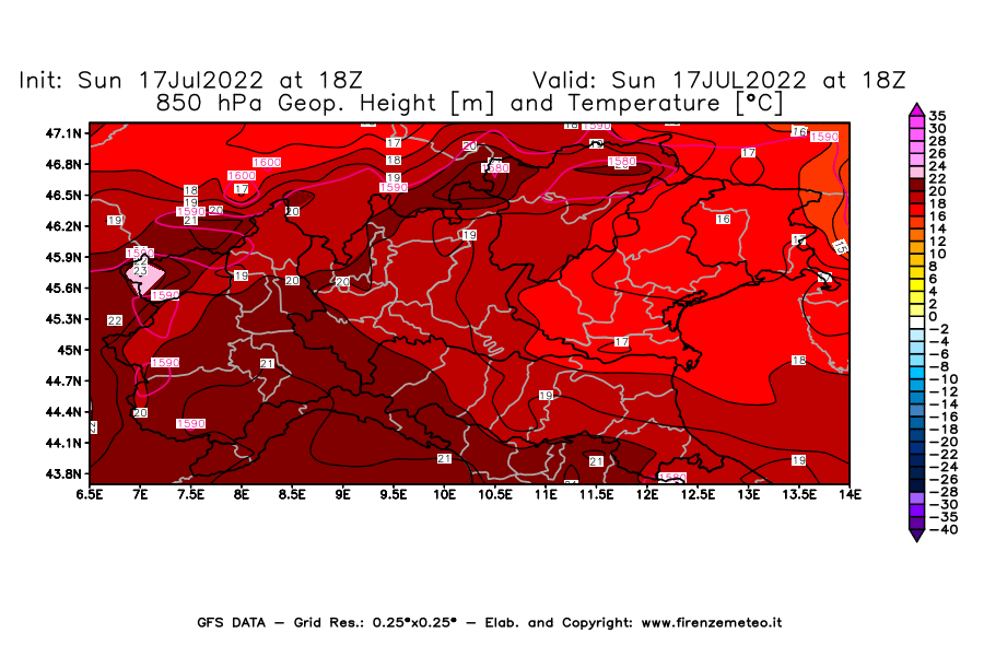 Mappa di analisi GFS - Geopotenziale [m] e Temperatura [°C] a 850 hPa in Nord-Italia
							del 17/07/2022 18 <!--googleoff: index-->UTC<!--googleon: index-->