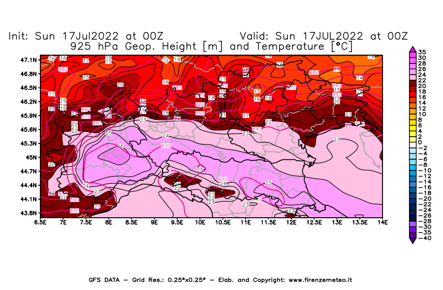 Mappa di analisi GFS - Geopotenziale [m] e Temperatura [°C] a 925 hPa in Nord-Italia
							del 17/07/2022 00 <!--googleoff: index-->UTC<!--googleon: index-->