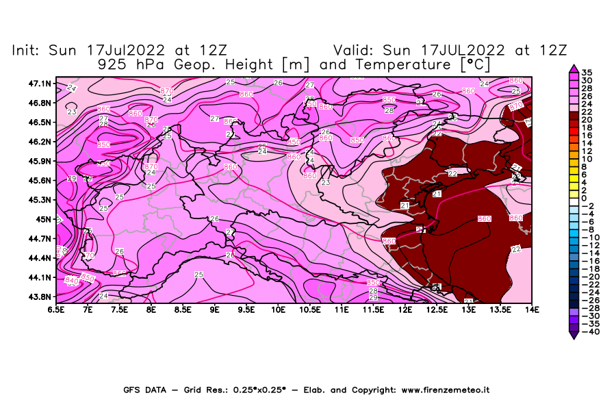 Mappa di analisi GFS - Geopotenziale [m] e Temperatura [°C] a 925 hPa in Nord-Italia
							del 17/07/2022 12 <!--googleoff: index-->UTC<!--googleon: index-->