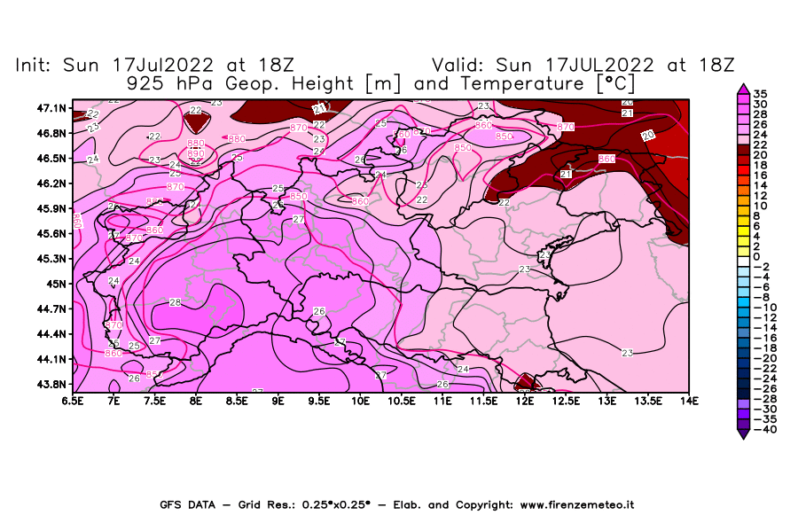 Mappa di analisi GFS - Geopotenziale [m] e Temperatura [°C] a 925 hPa in Nord-Italia
							del 17/07/2022 18 <!--googleoff: index-->UTC<!--googleon: index-->