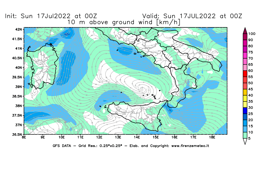 Mappa di analisi GFS - Velocità del vento a 10 metri dal suolo [km/h] in Sud-Italia
							del 17/07/2022 00 <!--googleoff: index-->UTC<!--googleon: index-->