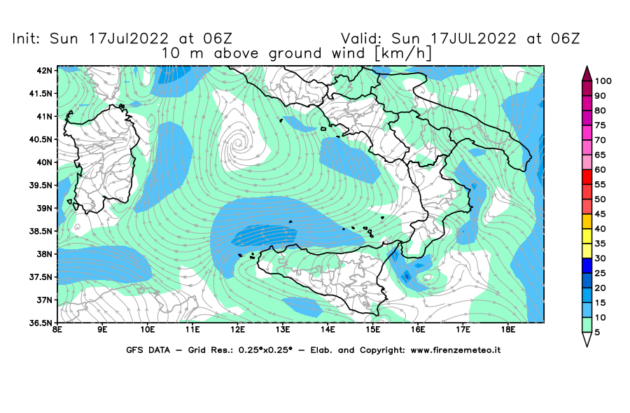 Mappa di analisi GFS - Velocità del vento a 10 metri dal suolo [km/h] in Sud-Italia
							del 17/07/2022 06 <!--googleoff: index-->UTC<!--googleon: index-->