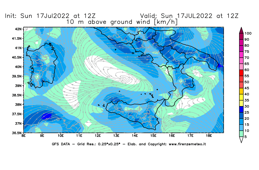 Mappa di analisi GFS - Velocità del vento a 10 metri dal suolo [km/h] in Sud-Italia
							del 17/07/2022 12 <!--googleoff: index-->UTC<!--googleon: index-->