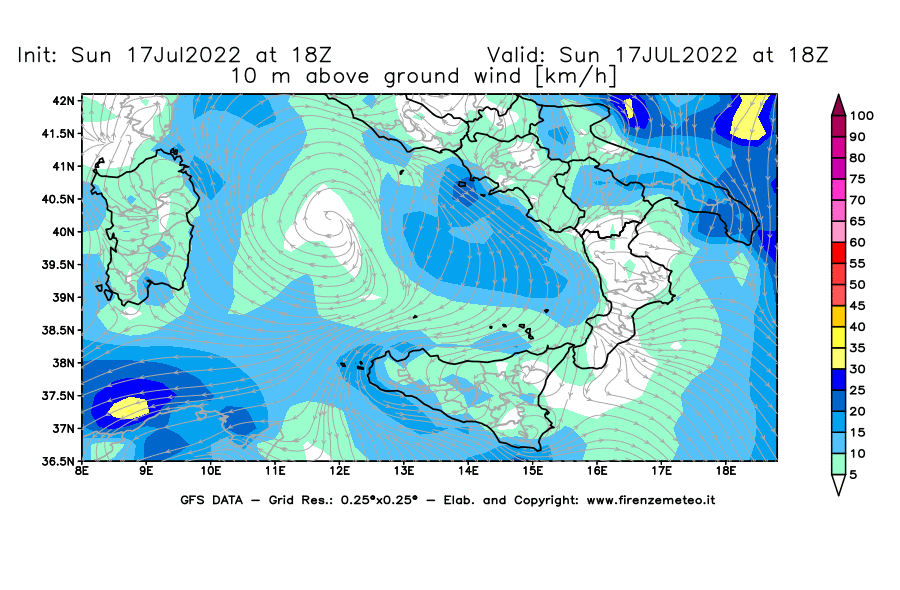 Mappa di analisi GFS - Velocità del vento a 10 metri dal suolo [km/h] in Sud-Italia
							del 17/07/2022 18 <!--googleoff: index-->UTC<!--googleon: index-->