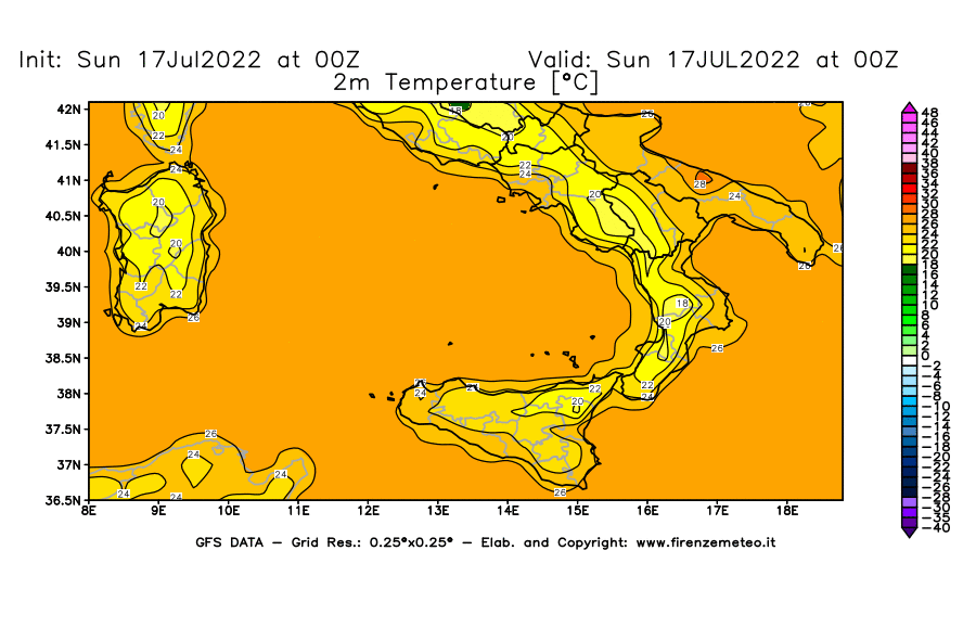 Mappa di analisi GFS - Temperatura a 2 metri dal suolo [°C] in Sud-Italia
							del 17/07/2022 00 <!--googleoff: index-->UTC<!--googleon: index-->
