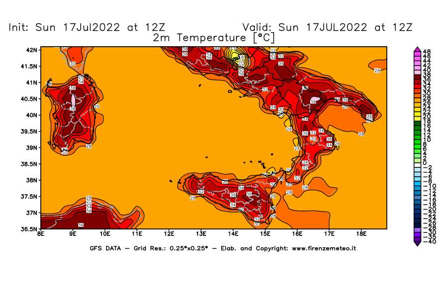 Mappa di analisi GFS - Temperatura a 2 metri dal suolo [°C] in Sud-Italia
							del 17/07/2022 12 <!--googleoff: index-->UTC<!--googleon: index-->
