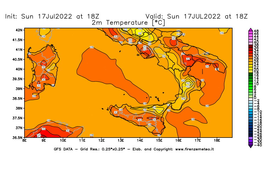 Mappa di analisi GFS - Temperatura a 2 metri dal suolo [°C] in Sud-Italia
							del 17/07/2022 18 <!--googleoff: index-->UTC<!--googleon: index-->