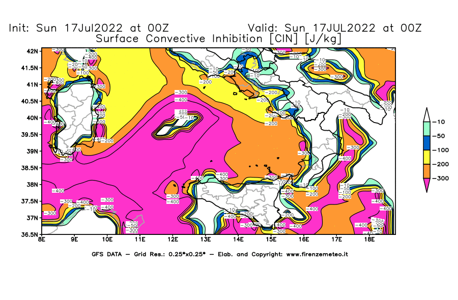 Mappa di analisi GFS - CIN [J/kg] in Sud-Italia
							del 17/07/2022 00 <!--googleoff: index-->UTC<!--googleon: index-->