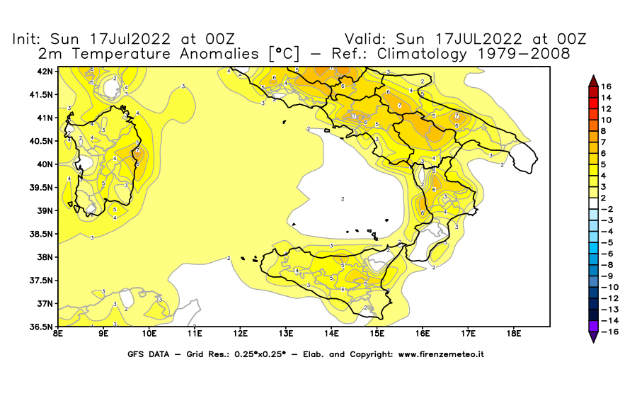 Mappa di analisi GFS - Anomalia Temperatura [°C] a 2 m in Sud-Italia
							del 17/07/2022 00 <!--googleoff: index-->UTC<!--googleon: index-->