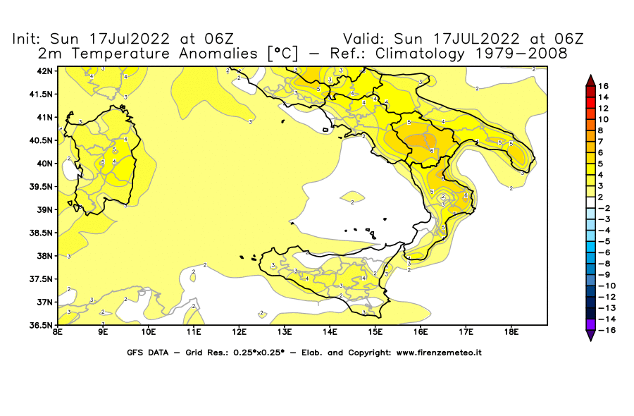 Mappa di analisi GFS - Anomalia Temperatura [°C] a 2 m in Sud-Italia
							del 17/07/2022 06 <!--googleoff: index-->UTC<!--googleon: index-->