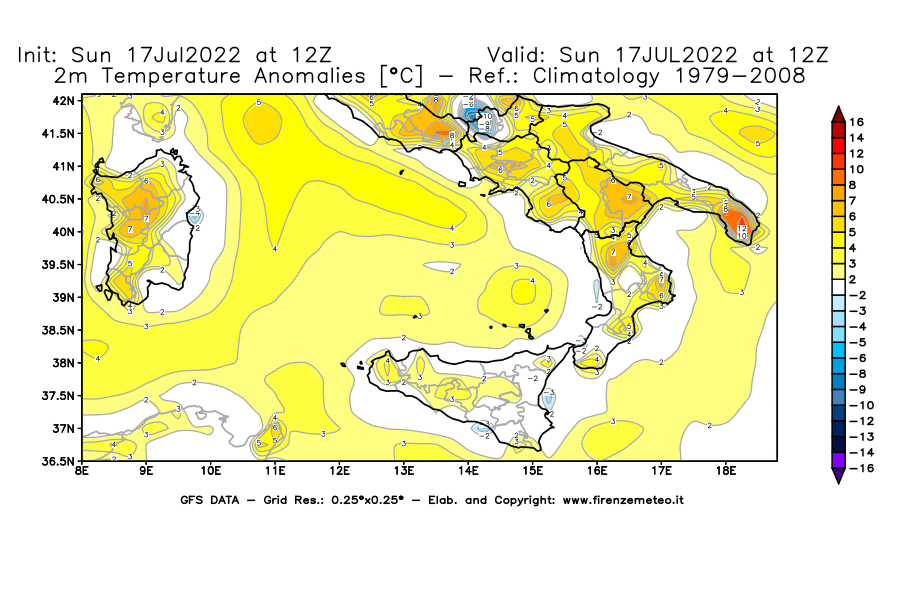 Mappa di analisi GFS - Anomalia Temperatura [°C] a 2 m in Sud-Italia
							del 17/07/2022 12 <!--googleoff: index-->UTC<!--googleon: index-->