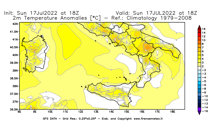 Mappa di analisi GFS - Anomalia Temperatura [°C] a 2 m in Sud-Italia
							del 17/07/2022 18 <!--googleoff: index-->UTC<!--googleon: index-->