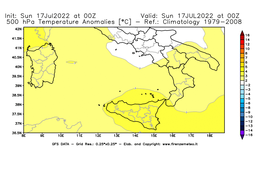 Mappa di analisi GFS - Anomalia Temperatura [°C] a 500 hPa in Sud-Italia
							del 17/07/2022 00 <!--googleoff: index-->UTC<!--googleon: index-->
