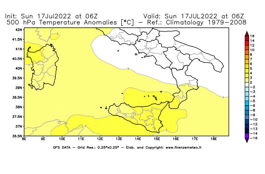 Mappa di analisi GFS - Anomalia Temperatura [°C] a 500 hPa in Sud-Italia
							del 17/07/2022 06 <!--googleoff: index-->UTC<!--googleon: index-->