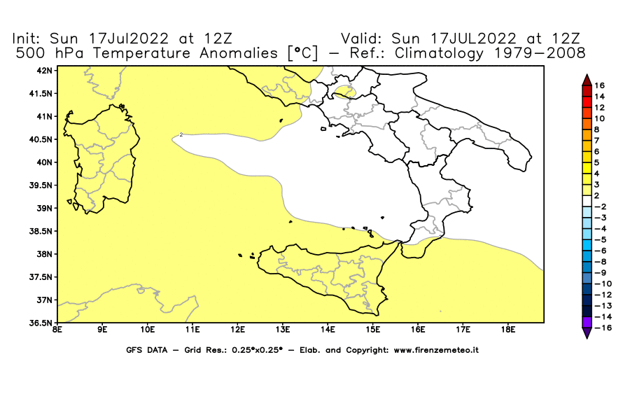 Mappa di analisi GFS - Anomalia Temperatura [°C] a 500 hPa in Sud-Italia
							del 17/07/2022 12 <!--googleoff: index-->UTC<!--googleon: index-->
