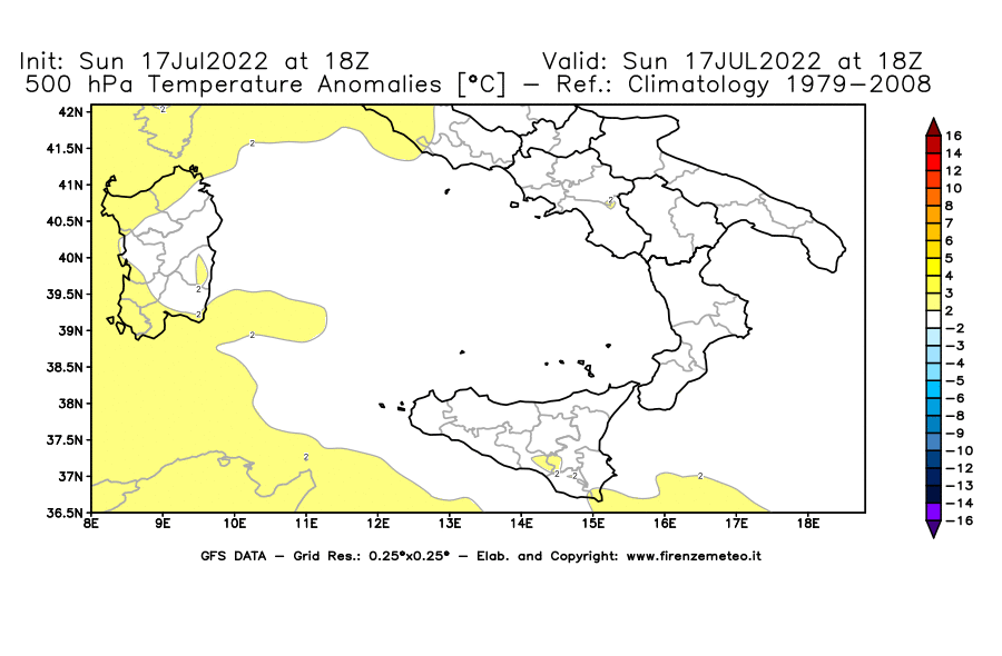 Mappa di analisi GFS - Anomalia Temperatura [°C] a 500 hPa in Sud-Italia
							del 17/07/2022 18 <!--googleoff: index-->UTC<!--googleon: index-->