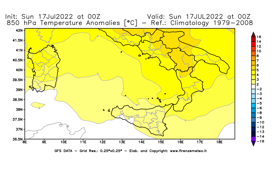 Mappa di analisi GFS - Anomalia Temperatura [°C] a 850 hPa in Sud-Italia
							del 17/07/2022 00 <!--googleoff: index-->UTC<!--googleon: index-->