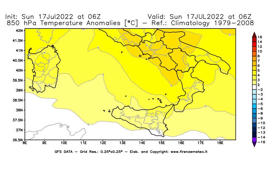 Mappa di analisi GFS - Anomalia Temperatura [°C] a 850 hPa in Sud-Italia
							del 17/07/2022 06 <!--googleoff: index-->UTC<!--googleon: index-->