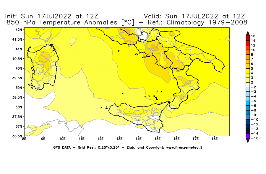 Mappa di analisi GFS - Anomalia Temperatura [°C] a 850 hPa in Sud-Italia
							del 17/07/2022 12 <!--googleoff: index-->UTC<!--googleon: index-->