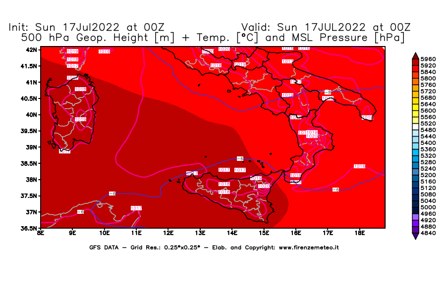Mappa di analisi GFS - Geopotenziale [m] + Temp. [°C] a 500 hPa + Press. a livello del mare [hPa] in Sud-Italia
							del 17/07/2022 00 <!--googleoff: index-->UTC<!--googleon: index-->