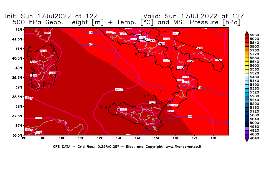 Mappa di analisi GFS - Geopotenziale [m] + Temp. [°C] a 500 hPa + Press. a livello del mare [hPa] in Sud-Italia
							del 17/07/2022 12 <!--googleoff: index-->UTC<!--googleon: index-->