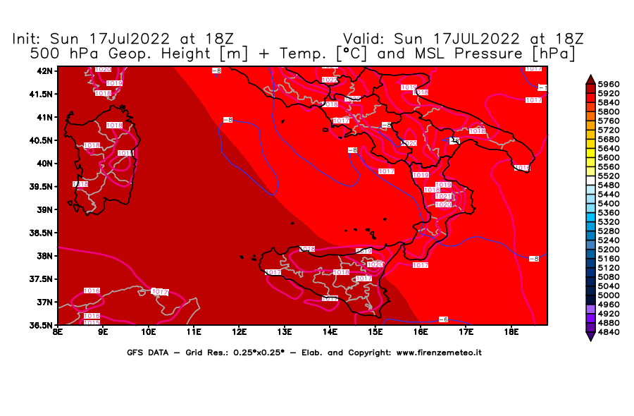 Mappa di analisi GFS - Geopotenziale [m] + Temp. [°C] a 500 hPa + Press. a livello del mare [hPa] in Sud-Italia
							del 17/07/2022 18 <!--googleoff: index-->UTC<!--googleon: index-->