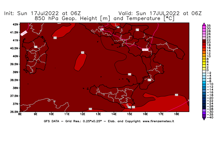 Mappa di analisi GFS - Geopotenziale [m] e Temperatura [°C] a 850 hPa in Sud-Italia
							del 17/07/2022 06 <!--googleoff: index-->UTC<!--googleon: index-->