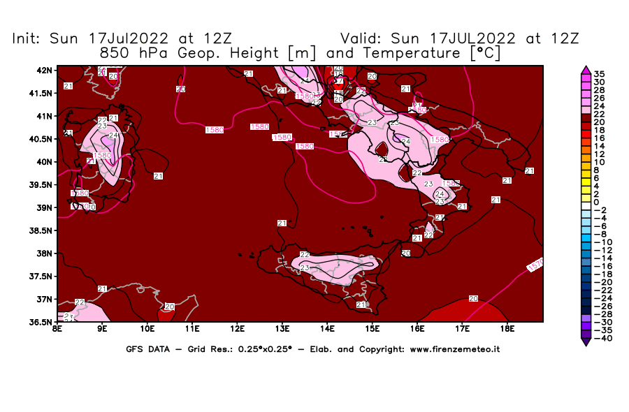 Mappa di analisi GFS - Geopotenziale [m] e Temperatura [°C] a 850 hPa in Sud-Italia
							del 17/07/2022 12 <!--googleoff: index-->UTC<!--googleon: index-->