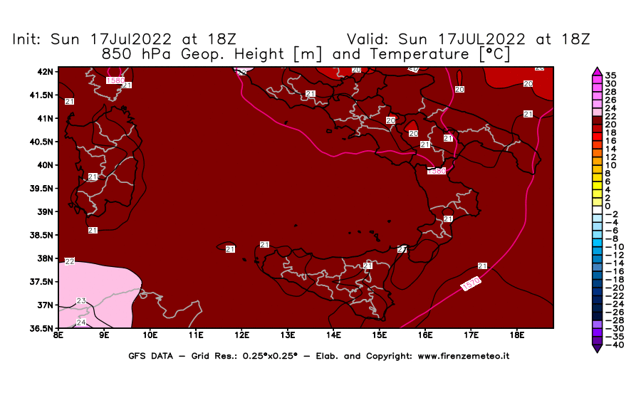 Mappa di analisi GFS - Geopotenziale [m] e Temperatura [°C] a 850 hPa in Sud-Italia
							del 17/07/2022 18 <!--googleoff: index-->UTC<!--googleon: index-->