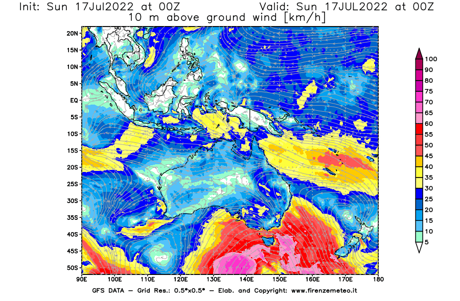 Mappa di analisi GFS - Velocità del vento a 10 metri dal suolo [km/h] in Oceania
							del 17/07/2022 00 <!--googleoff: index-->UTC<!--googleon: index-->