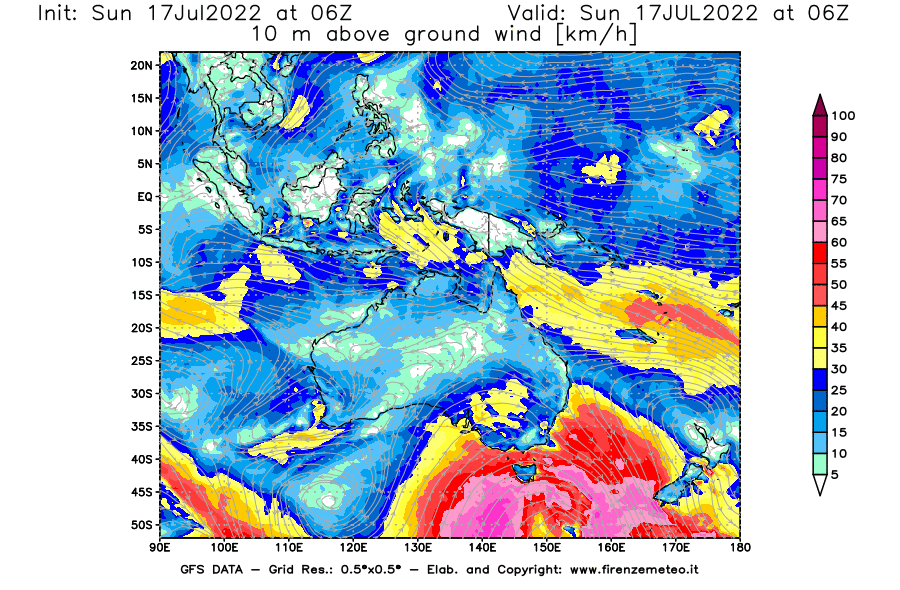 Mappa di analisi GFS - Velocità del vento a 10 metri dal suolo [km/h] in Oceania
							del 17/07/2022 06 <!--googleoff: index-->UTC<!--googleon: index-->
