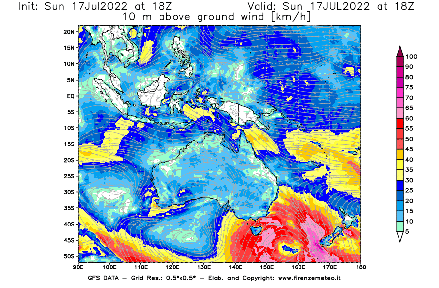 Mappa di analisi GFS - Velocità del vento a 10 metri dal suolo [km/h] in Oceania
							del 17/07/2022 18 <!--googleoff: index-->UTC<!--googleon: index-->