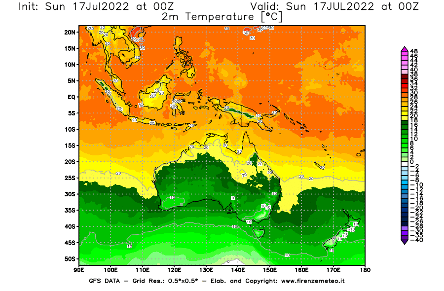 Mappa di analisi GFS - Temperatura a 2 metri dal suolo [°C] in Oceania
							del 17/07/2022 00 <!--googleoff: index-->UTC<!--googleon: index-->