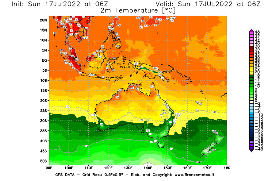 Mappa di analisi GFS - Temperatura a 2 metri dal suolo [°C] in Oceania
							del 17/07/2022 06 <!--googleoff: index-->UTC<!--googleon: index-->