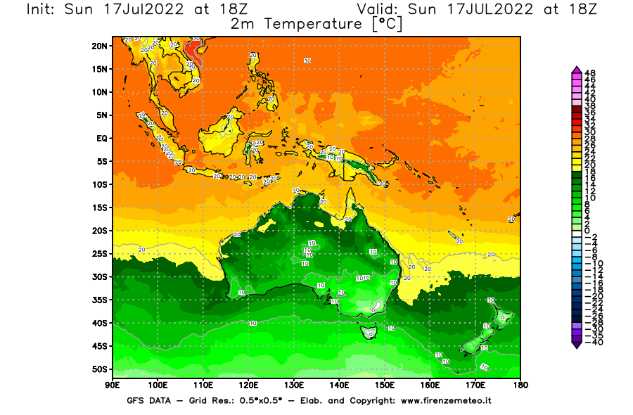 Mappa di analisi GFS - Temperatura a 2 metri dal suolo [°C] in Oceania
							del 17/07/2022 18 <!--googleoff: index-->UTC<!--googleon: index-->