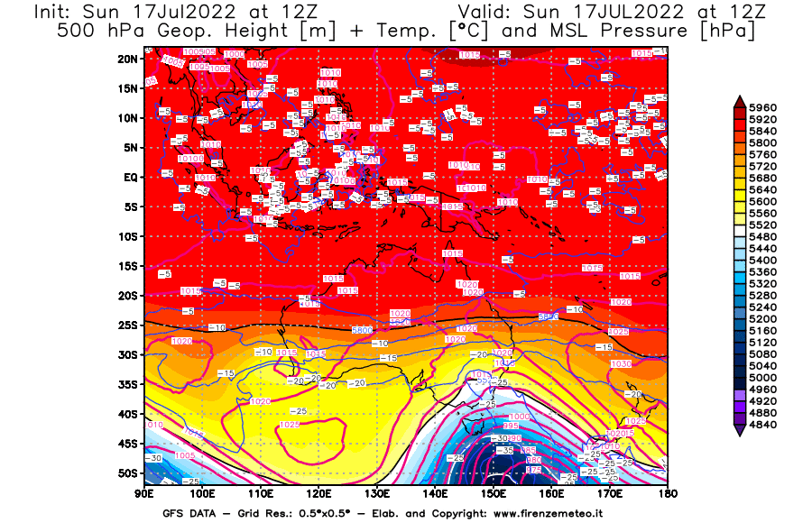 Mappa di analisi GFS - Geopotenziale [m] + Temp. [°C] a 500 hPa + Press. a livello del mare [hPa] in Oceania
							del 17/07/2022 12 <!--googleoff: index-->UTC<!--googleon: index-->