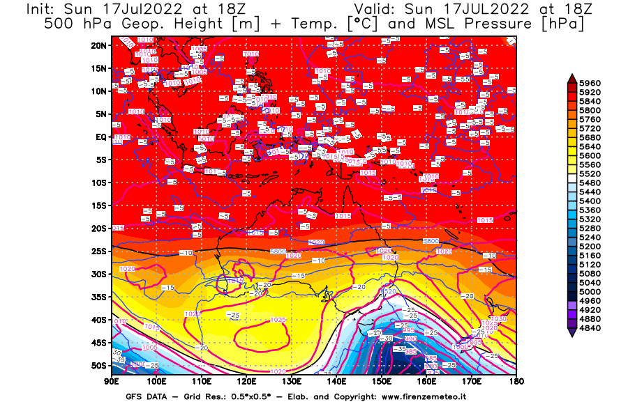 Mappa di analisi GFS - Geopotenziale [m] + Temp. [°C] a 500 hPa + Press. a livello del mare [hPa] in Oceania
							del 17/07/2022 18 <!--googleoff: index-->UTC<!--googleon: index-->