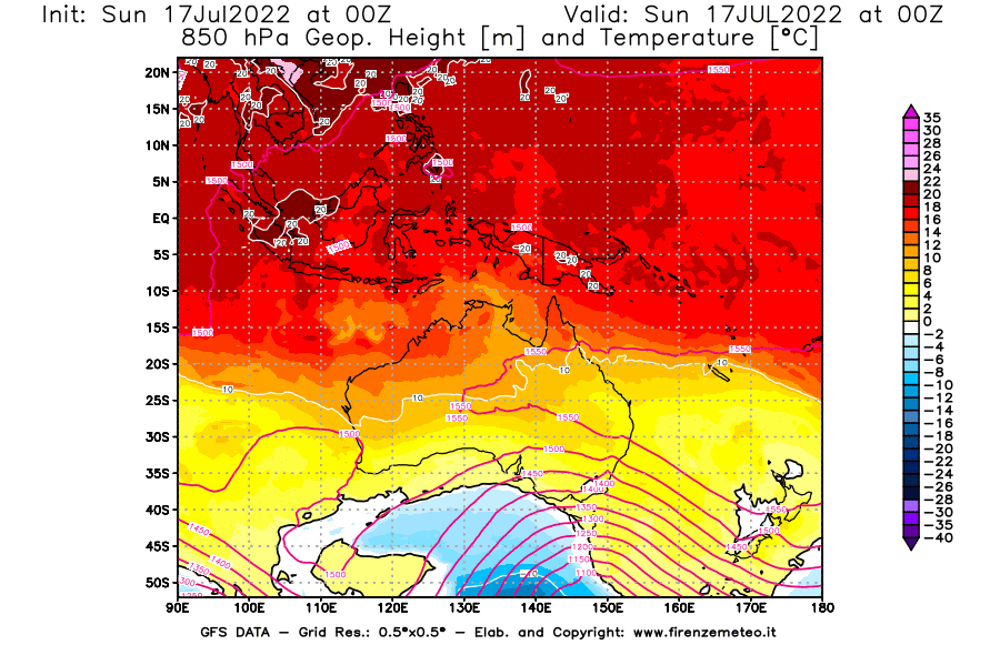 Mappa di analisi GFS - Geopotenziale [m] e Temperatura [°C] a 850 hPa in Oceania
							del 17/07/2022 00 <!--googleoff: index-->UTC<!--googleon: index-->